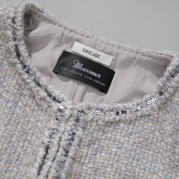 CHICJOC Handwoven Tweed Coat – Moonlight Grey with Night-Sky Sequin Fringe, Size - Picture 16 of 16